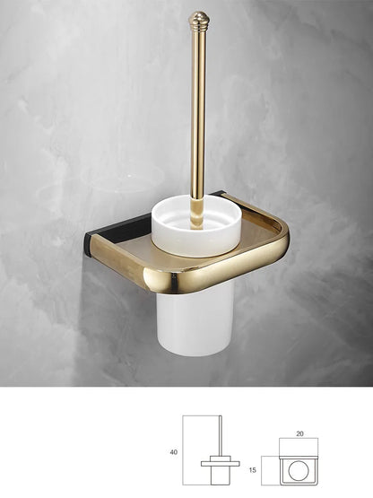 DecorBites™ Gold & Black Bathroom Hardware Set: Shelf, Towel Rack, Paper Holder, Brush Holder