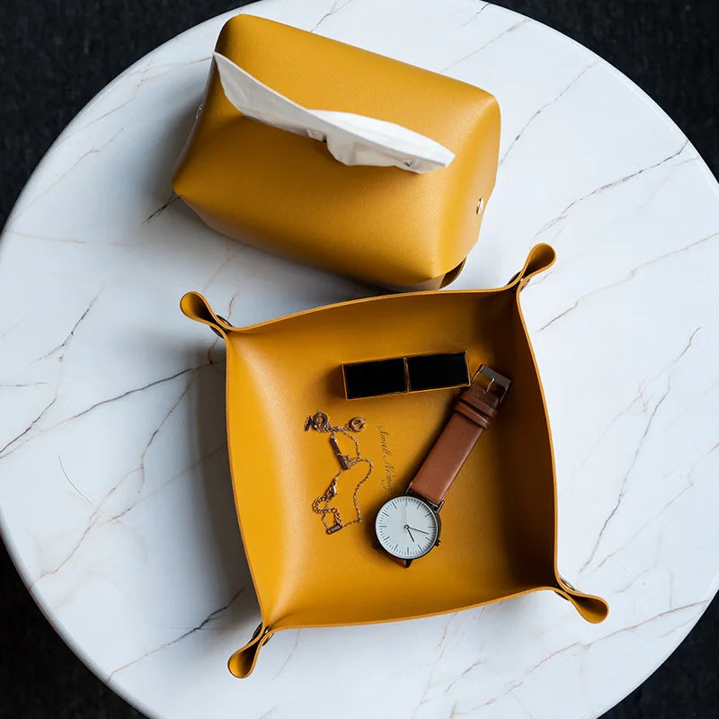 DecorBites™ Leather Desktop Organizer Tray: Home/Office Cosmetics, Jewelry, Key Storage Holder