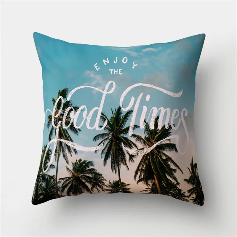 Funda de almohada DecorBites™ con hojas tropicales verdes y diseño de bosque - Decoración natural de olas del océano y montañas