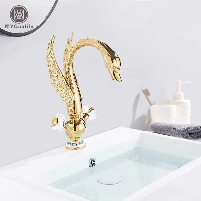 Decorbites™ Grifo de Lavabo para Baño Cisne Negro de Latón Dorado Negro Lujo Mezclador Individual Montado en Cubierta