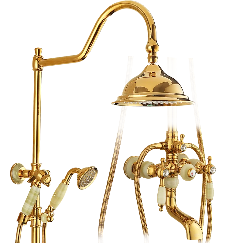 DecorBites™ Gold Brass Jade Bath Shower Set Wall Mounted Rainfall Hand Shower Faucet