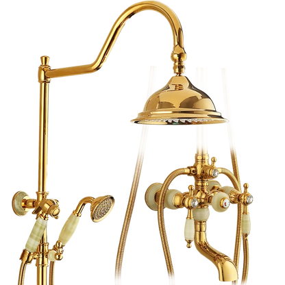 DecorBites™ Gold Brass Jade Bath Shower Set Wall Mounted Rainfall Hand Shower Faucet