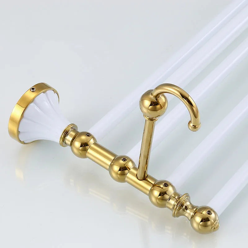 Conjunto de Accesorios para Baño Decorbites™ Oro y Blanco: Estante de Esquina, Soporte para Papel, Soporte para Toallas, Soporte para Cepillo de Inodoro, Perchero para Toallas