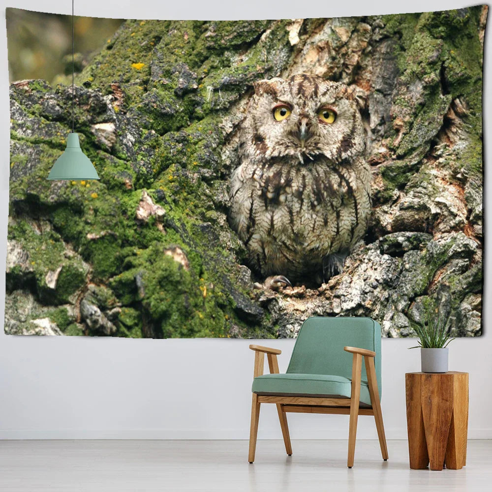 Decobites Owl On Tree 3D Tapestry - Abstract Mysterious Psychedelic Aesthetic Room Decor