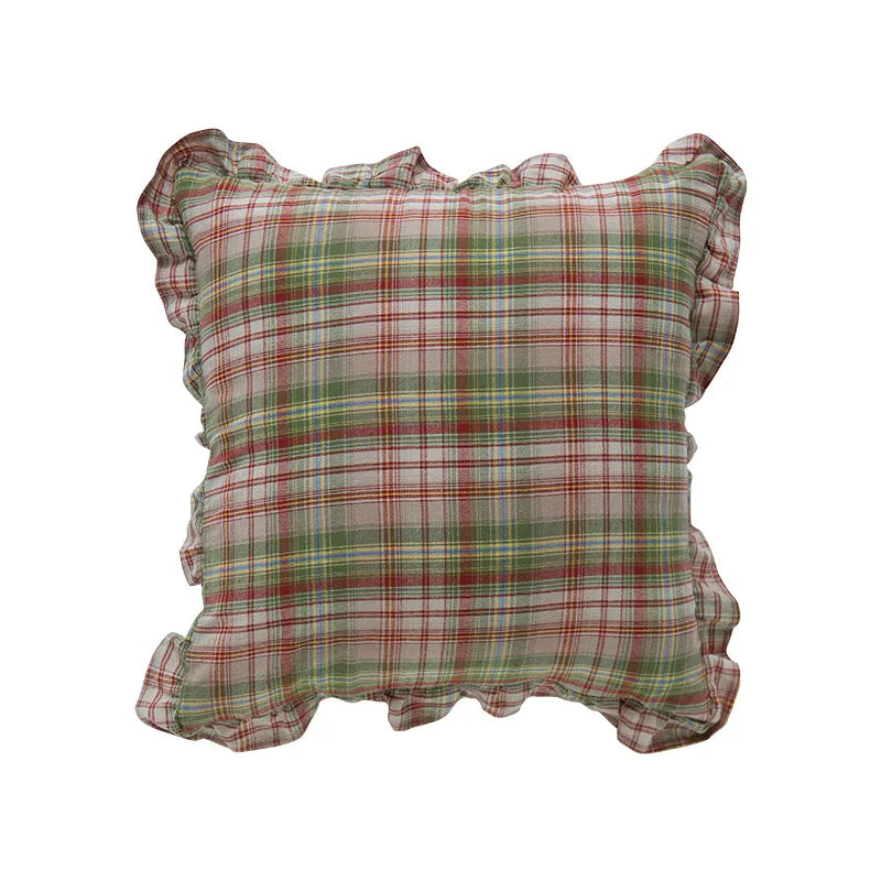 غطاء وسادة DecorBites™ قطني بلون القهوة الأسود والأصفر والأخضر مقاس 45×45 سم مع تنورة مهدبة لديكور المنزل