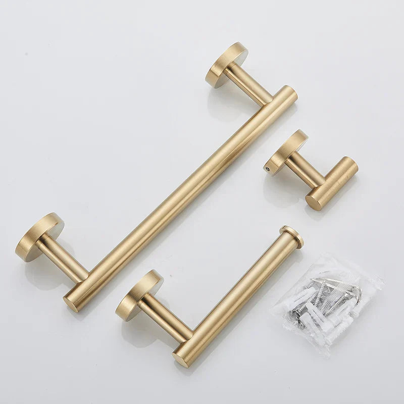 DecorBites™ Brushed Gold Stainless Steel Bathroom Accessories Set - Towel Bar, Toilet Paper Holder, Hooks