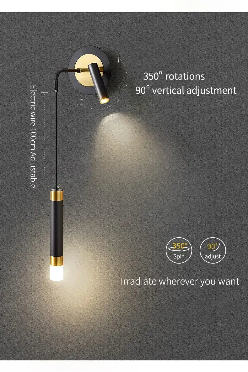 Minimalist creative luxury black and gold adjustable wall sconce with sleek modern design for luxury bedroom bedside use.