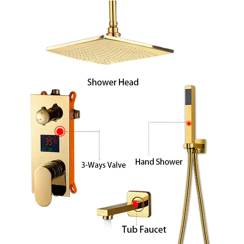 DecorBites™ Gold 12" Digital Display Rainfall Shower Faucet with Single Lever Control