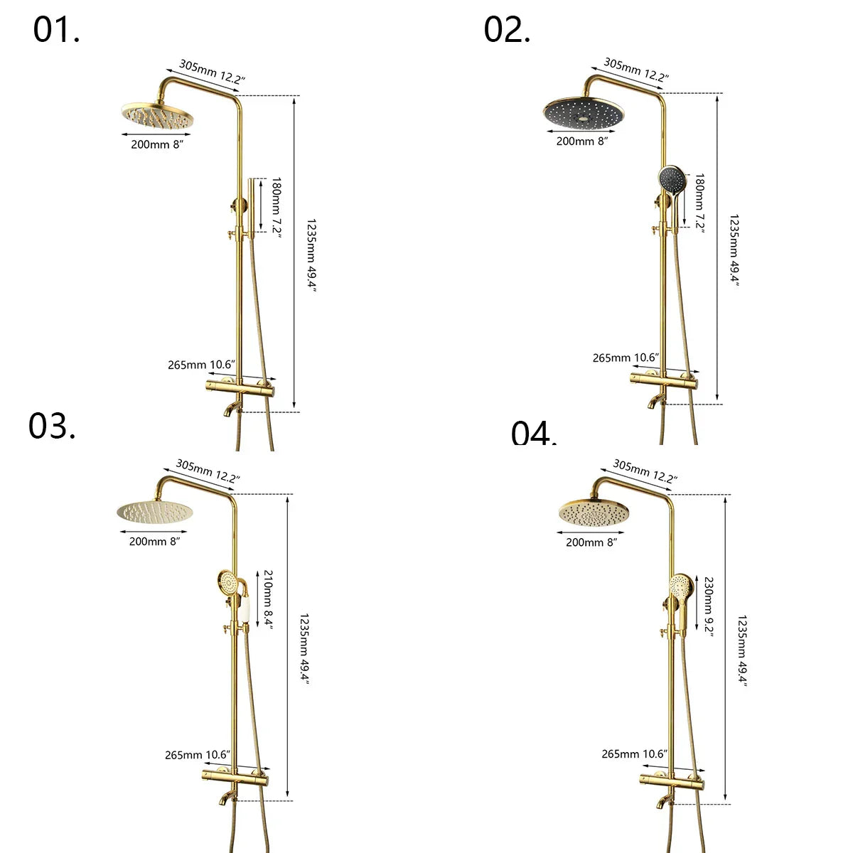 DecorBites™ Gold Plated Thermostatic Shower Faucet Set with 8" Rainfall Head