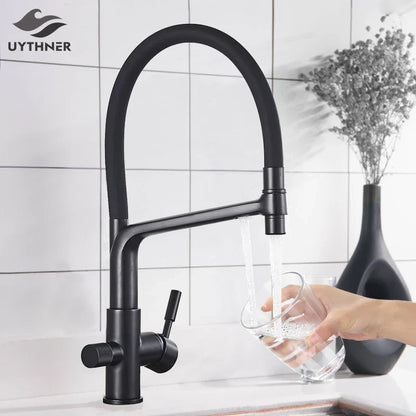 Decorbites™ Messing Küchen-Wasserfilterarmatur mit doppelter Auslauf, 360° drehbar, Trinkwasserfilter-Mischer
