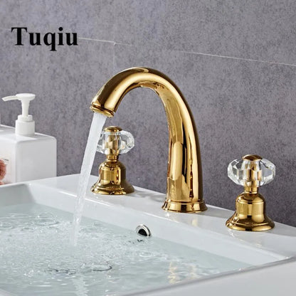 DecorBites™ Crystal Handle Gold Basin Faucet, Widespread Sink Tap, Hot/Cold Mixer
