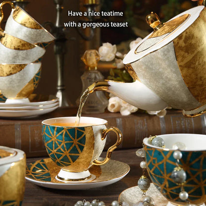 DecorBites™ Luxe Gold Inlay Bone China Coffee Set: Teapot, Cup, Sugar Bowl, Creamer, Mug