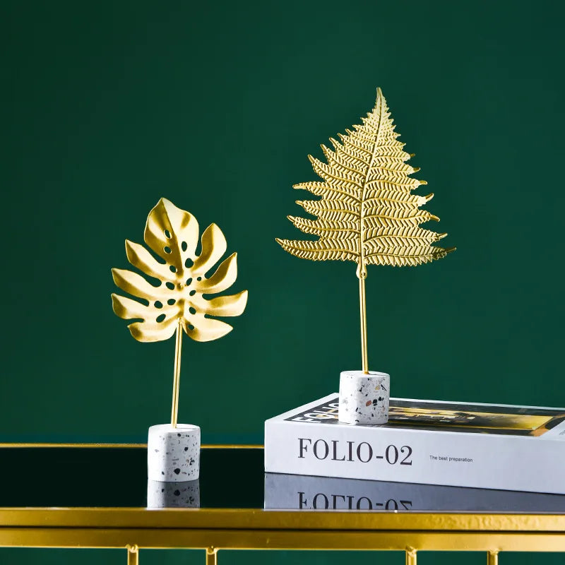 DecorBites™ Gold Leaf Decorations on Marble Base - Creative Metal Crafts for Home Decor