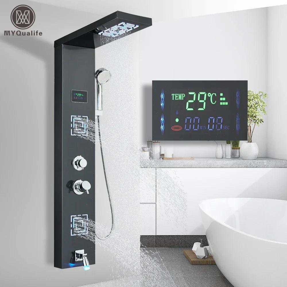 Sistema de grifería para ducha con luz LED DecorBites™: chorros de lluvia, chorros de masaje, panel de cascada con control de temperatura