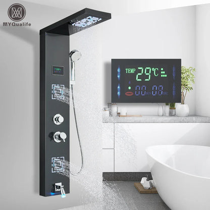 Sistema de grifería para ducha con luz LED DecorBites™: chorros de lluvia, chorros de masaje, panel de cascada con control de temperatura