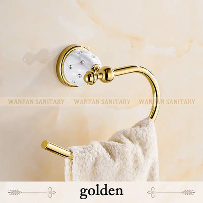 DecorBites™ Golden Bath Hardware Set: TP Holder, Towel Rack, Tissue Holder, Cup Holder, Robe Hook