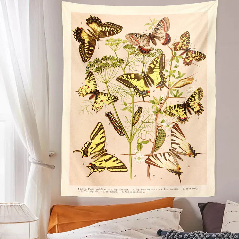 Vintage Butterfly Tapestry Wall Art Illustration Chart for Boho Decor by Decobites