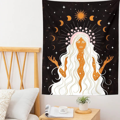 Decobites Moon Phase Mandala Tapestry Wall Hanging - Boho Hippie Witchcraft Decor