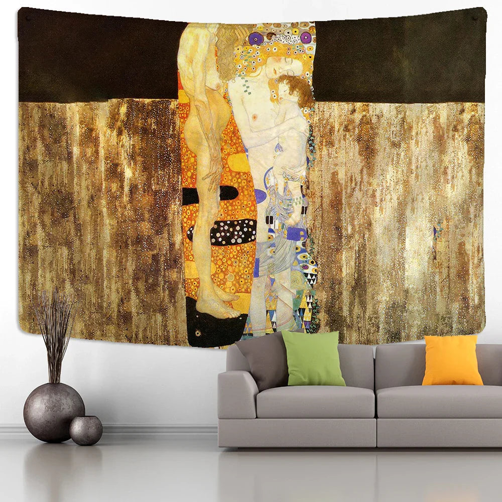 Decorbites™ Tapiz de Pintura al Óleo de Beso Dorado Colgante de Pared Arte Manta en Blanco