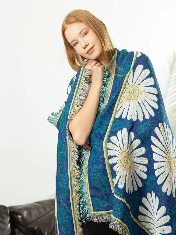 DecorBites™ Daisy Flower Knitted Blanket - Elegant Floral Decorative Sofa Slipcover & Couch Cover