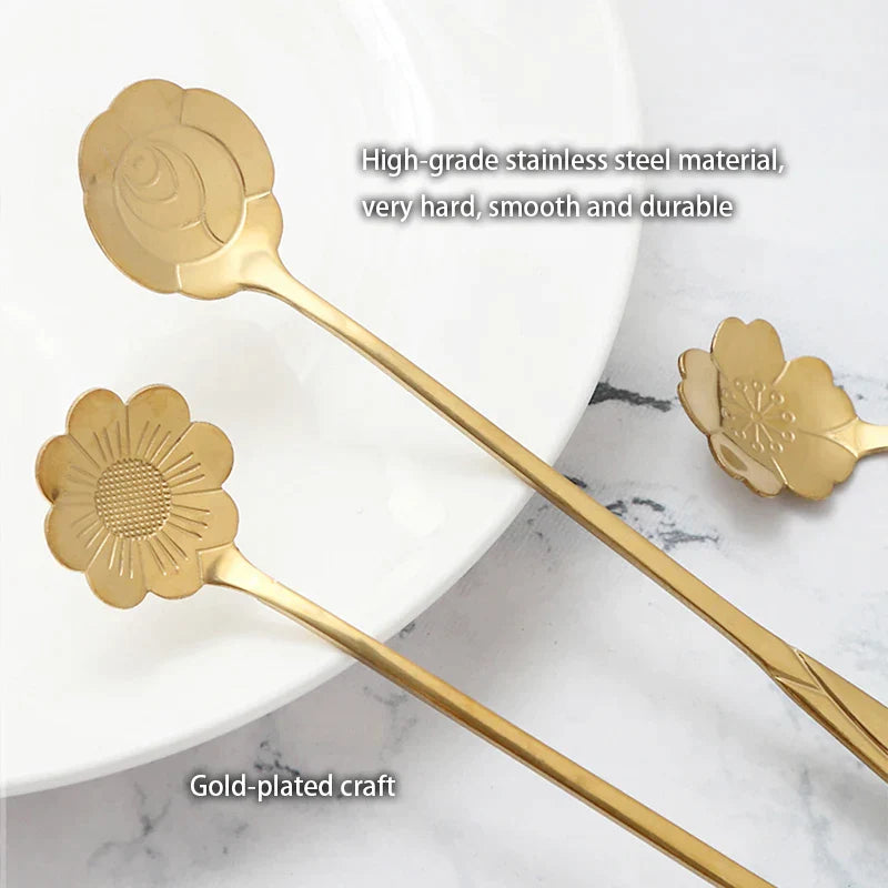 DecorBites™ Gold Flower Stainless Steel Teaspoons Set for Coffee, Desserts, and Ice Cream