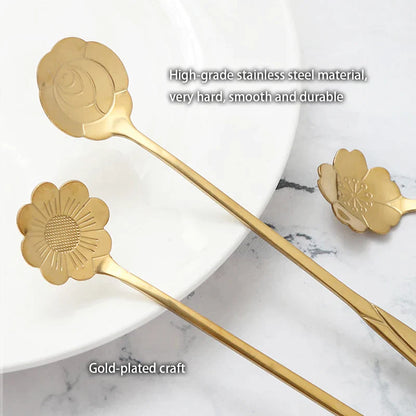 DecorBites™ Gold Flower Stainless Steel Teaspoons Set for Coffee, Desserts, and Ice Cream
