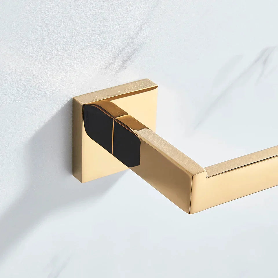 Conjunto de Herrajes de Baño Decorbites™ Oro: Gancho para Batas, Barra para Toallas, Estante, Soporte para Papel Higiénico