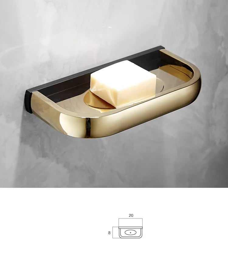 DecorBites™ Gold & Black Bathroom Hardware Set: Shelf, Towel Rack, Paper Holder, Brush Holder