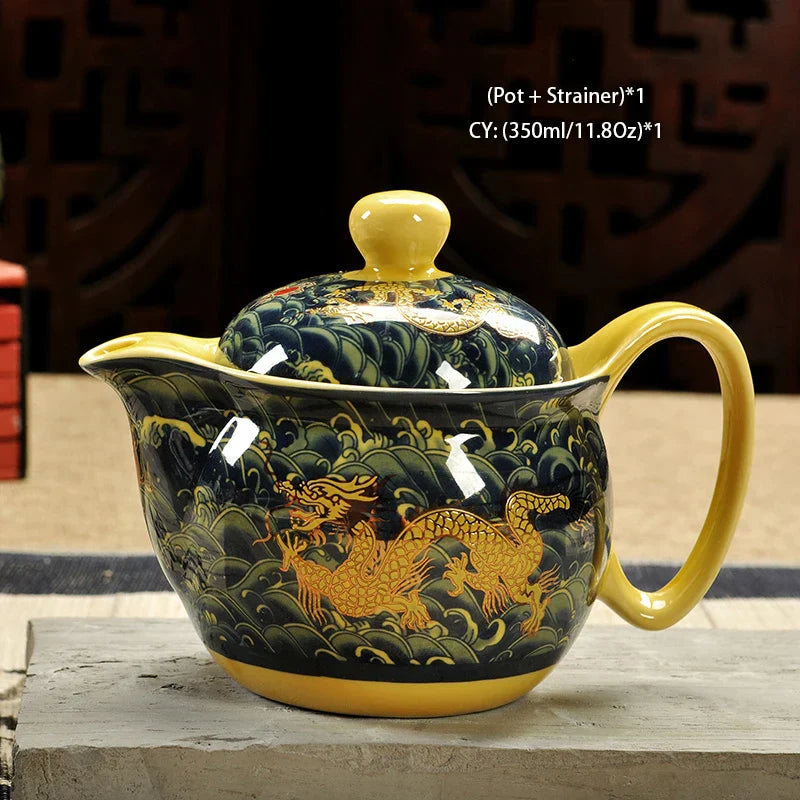 DecorBites™ Ceramic Kung Fu Teapot with Dragon Design 350ml - Handmade Porcelain Tea Pot