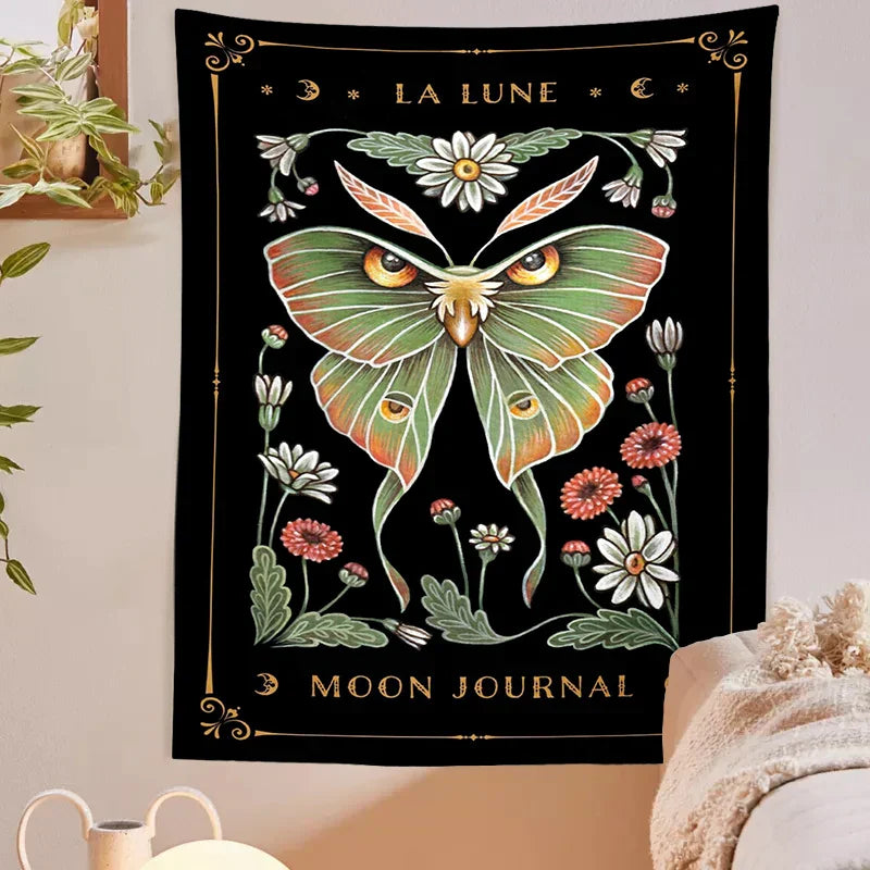 Decobites Moon Moth Tapestry Wall Hanging - Mystical Moon Phase & Cottagecore Wall Art