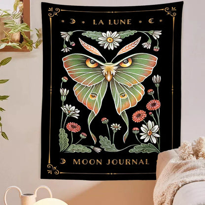 Decobites Moon Moth Tapestry Wall Hanging - Mystical Moon Phase & Cottagecore Wall Art