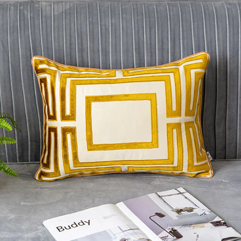 Decorbites™ Cubierta de Almohada Lumbar Bordada en Terciopelo con Corte Geométrico Dorado Estilo Chic 35x50cm