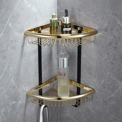 DecorBites™ Gold & Black Corner Shelf: Brass Bathroom Shelves for Stylish Storage