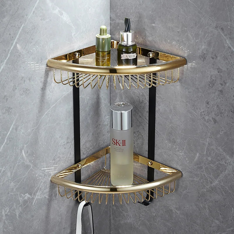 Estantería de Esquina Dorado y Negro Decorbites™: Estantes de Baño de Latón para un Almacenamiento Elegante