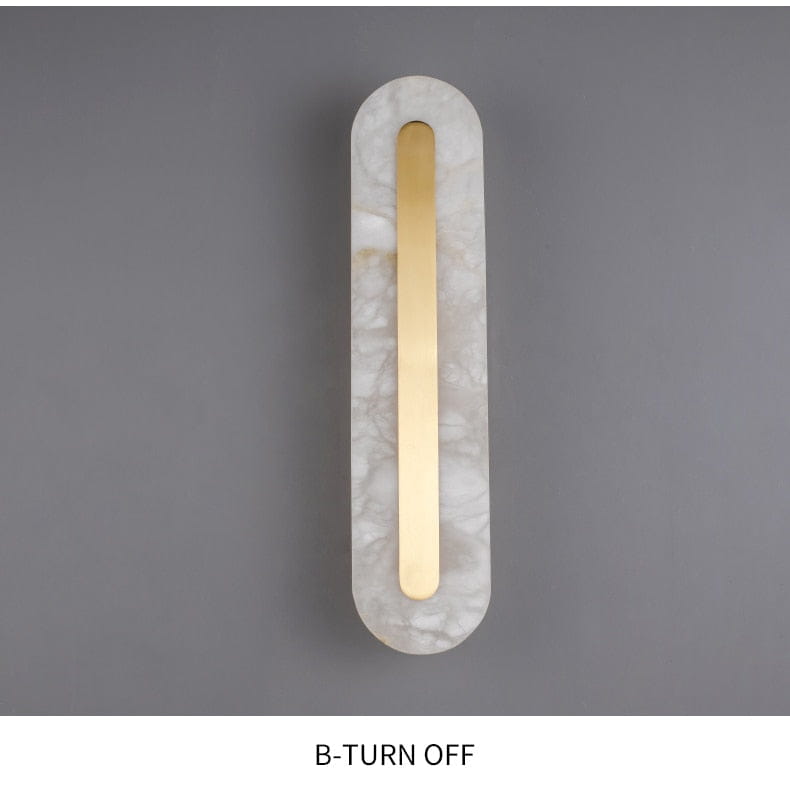 Modern wall lamp featuring a white marble base with a central gold-toned metallic strip designed as a copper marble wall lamp for living room use.