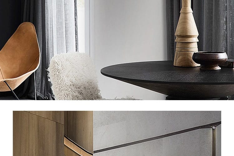 a sleek dark wood round table with a matte finish and subtle concentric ring detailing paired with a modern minimalist gold led wall lamp bedroom cylindrical sconce wall lamp