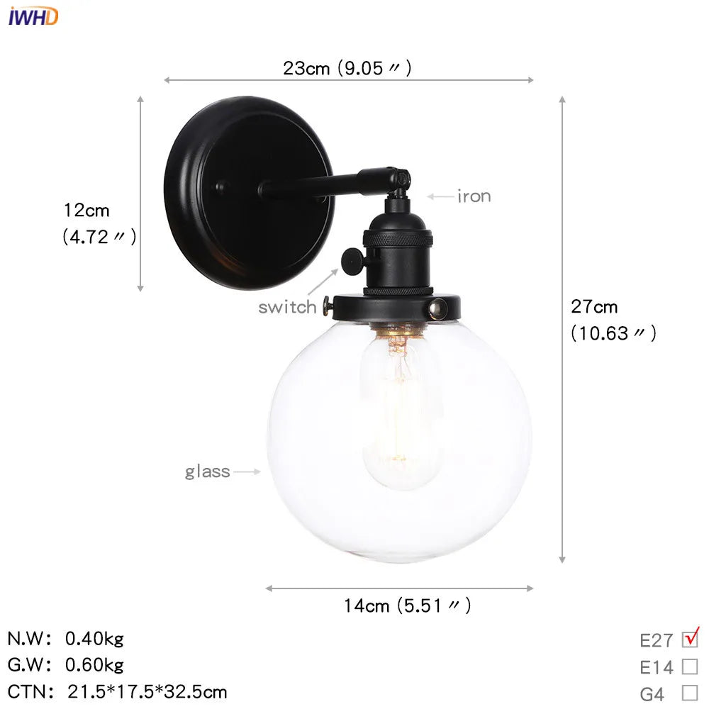 DecorBites™ Glass Ball Wall Light Switch Hallway Bathroom Mirror Stair Black Wall Sconce