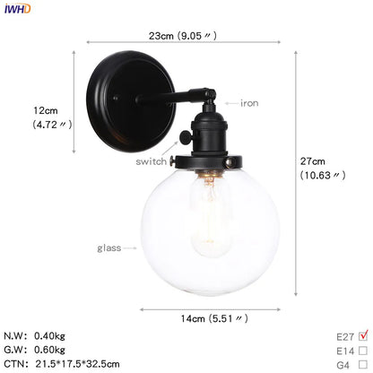 DecorBites™ Glass Ball Wall Light Switch Hallway Bathroom Mirror Stair Black Wall Sconce