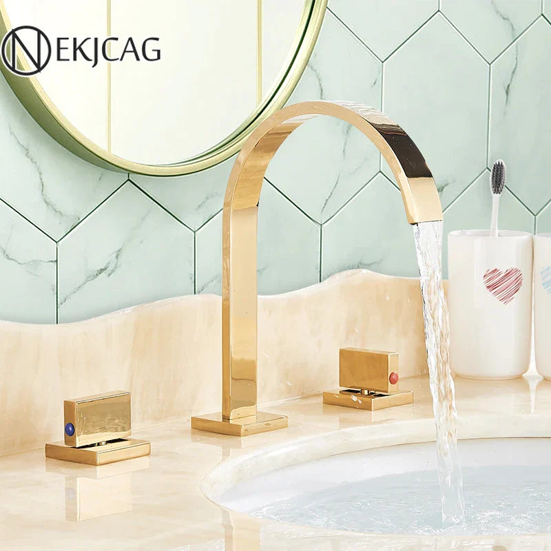 DecorBites™ Golden Brass Dual Handle Basin Faucet Set - Deck Mounted Hot Cold Mixer