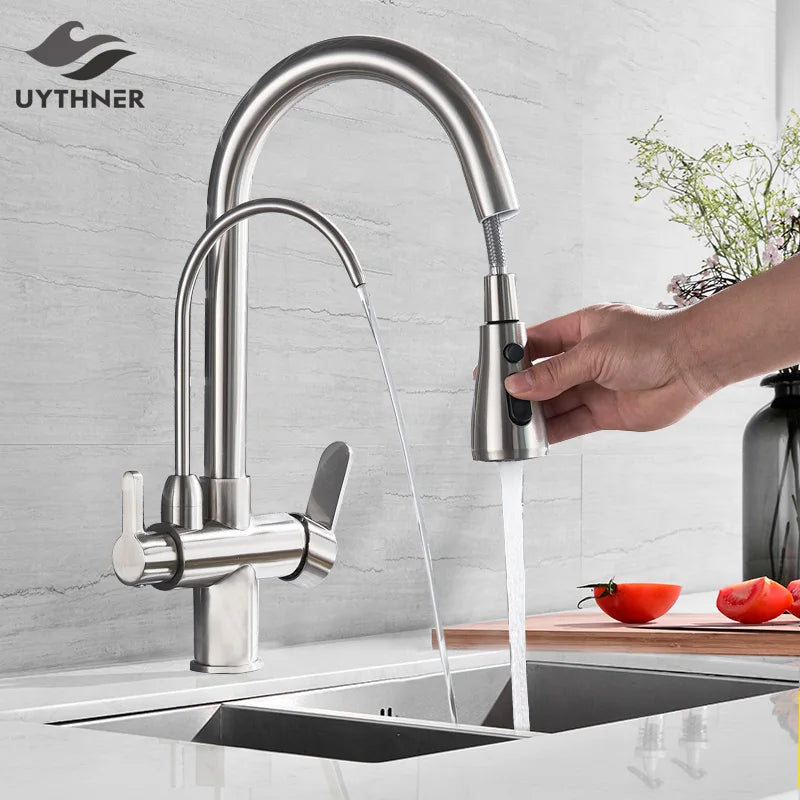 Decorbites™ Messing Küchen-Wasserfilterarmatur mit doppelter Auslauf, 360° drehbar, Trinkwasserfilter-Mischer