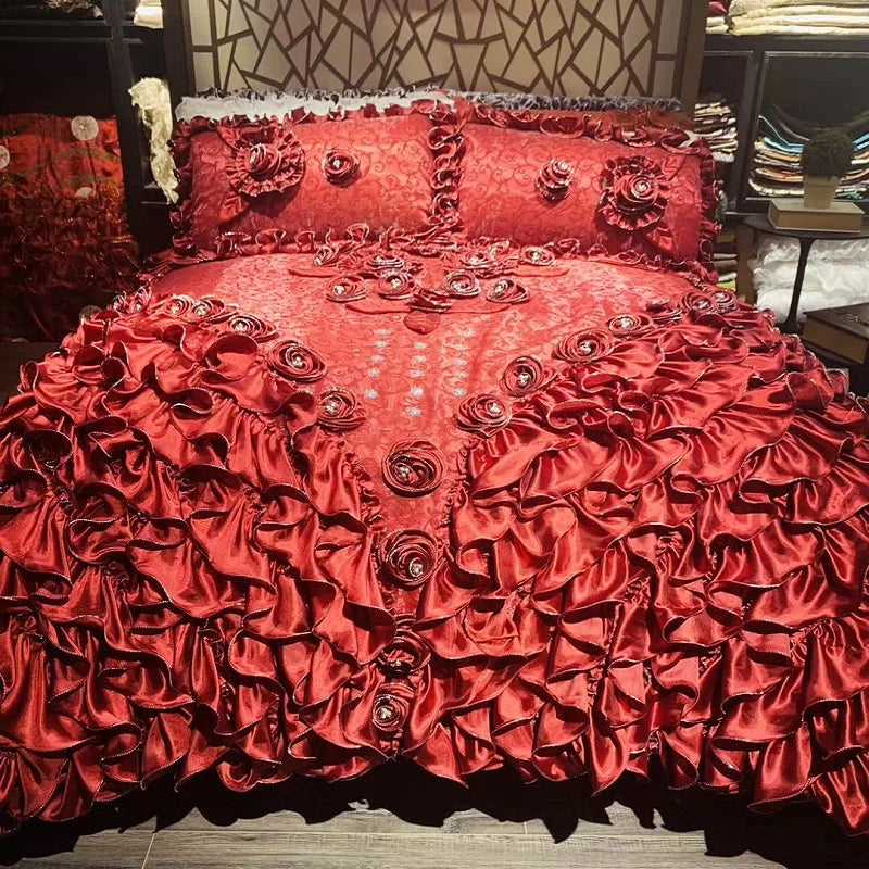 Decobites Jacquard Rose Lace Bedding Set, Luxurious European Style, Red & Champagne