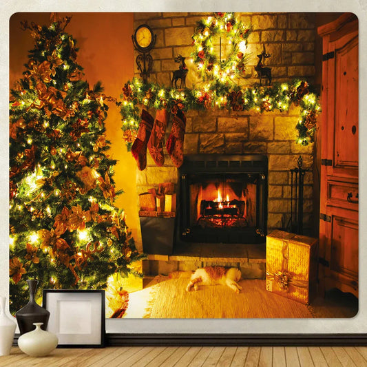 DecorBites™ Christmas Fireplace & Tree Tapestry Wall Hanging