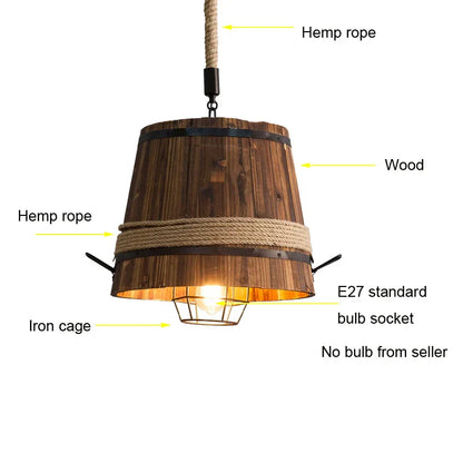 DecorBites™ Barrel Industrial Chandelier for Dining Room Cafe Restaurant, Adjustable Wood Light Fixture