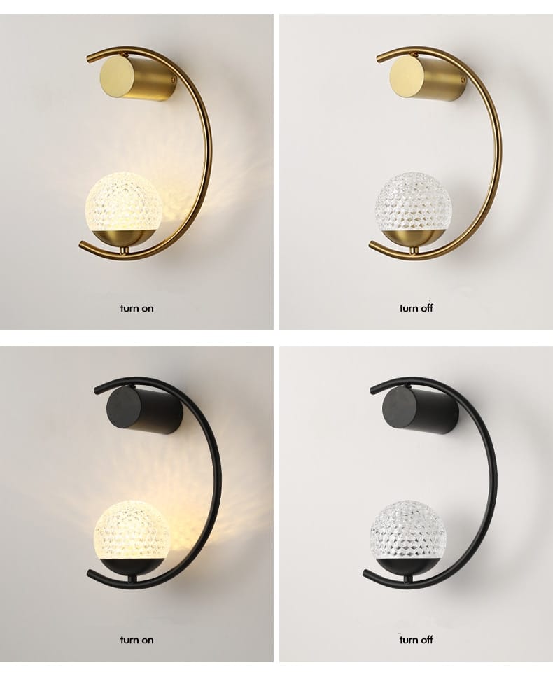 Modern curved wall sconce with a brass or black metal frame and textured glass globe designed as a luxury creative led bedside wall lamp for bedroom use.