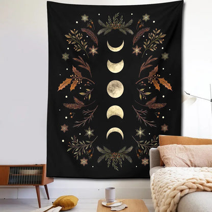 Decobites Moon Phase Boho Wall Tapestry: Black Psychedelic Carpet for Home Decor