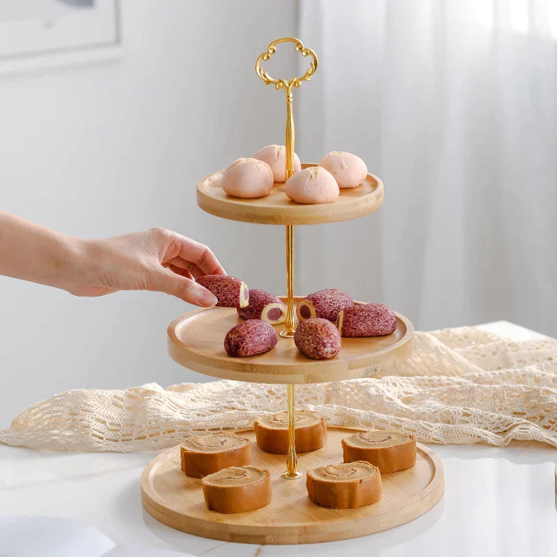 Juego de soporte para pastel de frutas de bambú DecorBites™, vajilla de madera, plato para dulces, aperitivos y postres