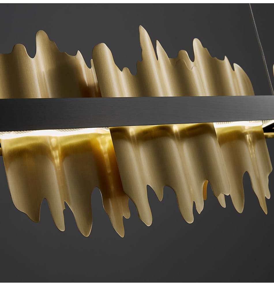 Modern gold and black iceberg led chandelier lighting featuring a sculptural wave-like design with sleek black horizontal accents for dining room use.