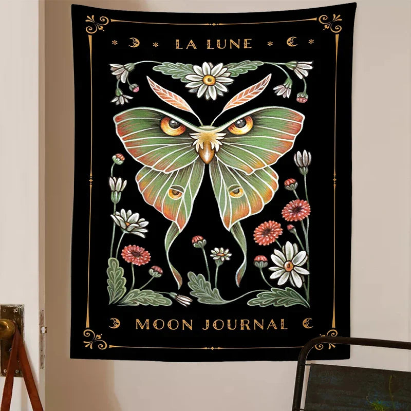 Decobites Moon Moth Tapestry Wall Hanging - Mystical Moon Phase & Cottagecore Wall Art