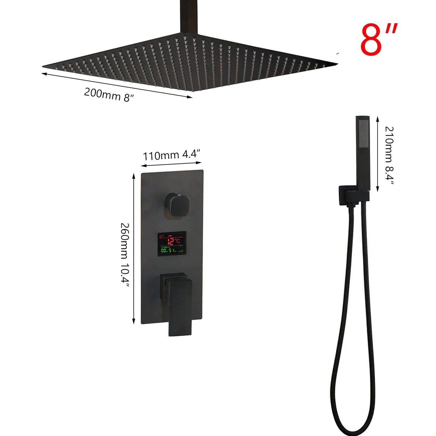 DecorBites™ Black Digital Shower Faucet, Matte Black Finish, Thermostatic Temperature Display