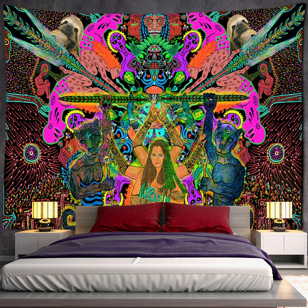 Psychedelic Human Face Wall Tapestry Fluorescent Hippie Art for Decobites Home Décor